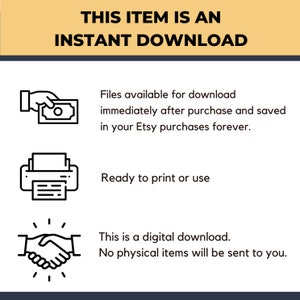 May include: Illustration of a hand holding a dollar bill, a printer, and two hands shaking. Text reads: "This item is an instant download. Files available for download immediately after purchase and saved in your Etsy purchases forever. Ready to print or use. This is a digital download. No physical items will be sent to you."