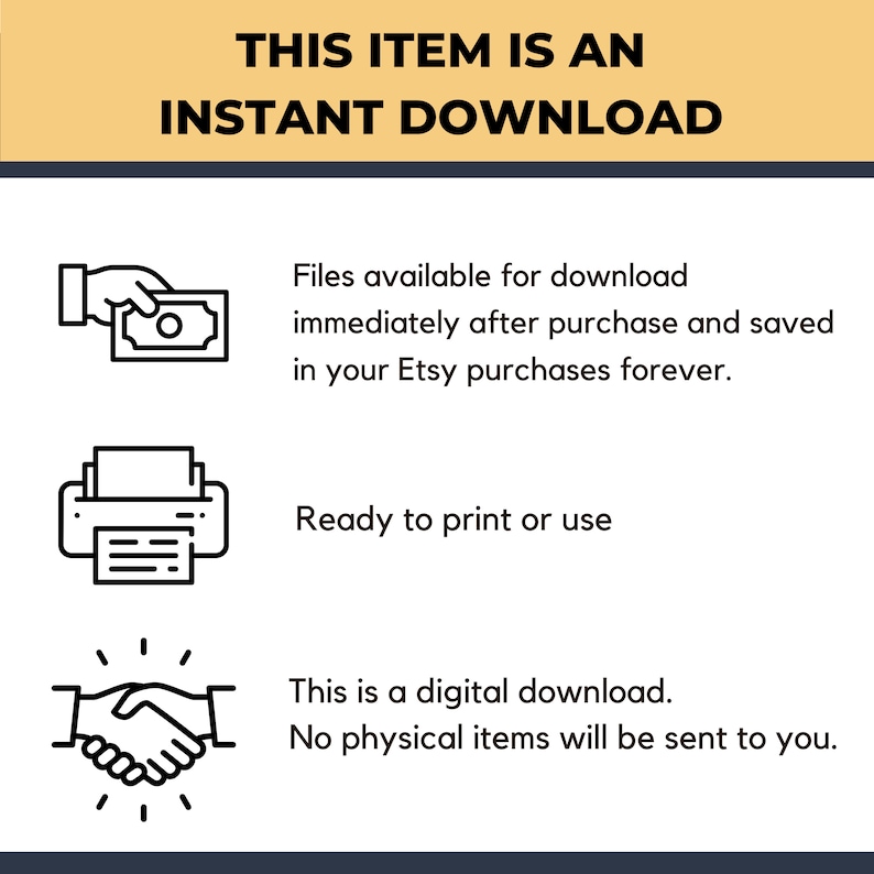 May include: Illustration of a hand holding a dollar bill, a printer, and two hands shaking. Text reads: "This item is an instant download. Files available for download immediately after purchase and saved in your Etsy purchases forever. Ready to print or use. This is a digital download. No physical items will be sent to you."