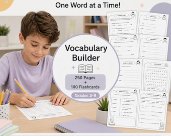 May include: A Vocabulary Builder educational set featuring 250 pages and 100 flashcards for grades 3-9. The set includes worksheets with exercises on context clues, synonyms, antonyms, word forms, word searches, and sentence completion tasks.