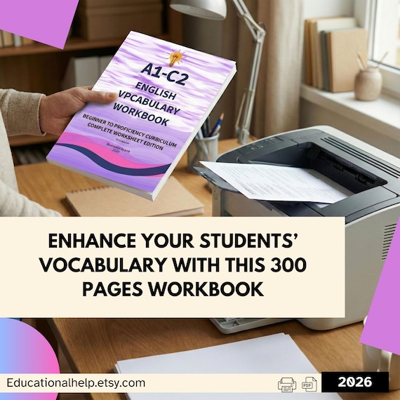 A1-C2 English 300 Pages Vocabulary First Edition Workbook- Beginner to Proficiency - Homeschooling English Worksheet with 1000 Flashcards