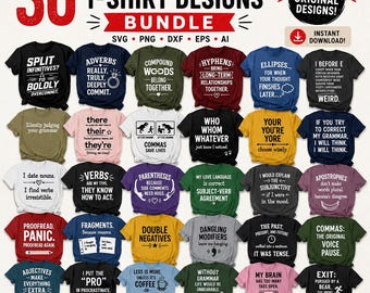 May include: A digital collection of 30 t-shirt designs featuring humorous grammar-themed text and graphics. The bundle includes various shirt colours like black, olive, pink, blue, and yellow, each displaying unique phrases about language rules.