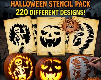 May include: A collection of Halloween stencil sheets featuring 220 different designs, including skeletons and jack-o'-lantern faces. The pack includes printed templates on tan paper and carved pumpkins displaying the designs, with text reading GIGANTIC HALLOWEEN STENCIL PACK 220 DIFFERENT DESIGNS.