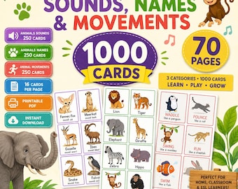 1000+ Animal Vocabulary Flashcards | Animal Sounds, Names, Babies & Movements | 70 Printable Pages | Preschool ESL Digital Download