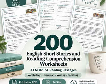 May include: A collection of 200 English short stories and reading comprehension worksheets for A1 to B2 levels. The set includes printable A4 PDF pages with vocabulary, grammar, writing, and speaking exercises, alongside a mug with the text Better English A Kinder You.