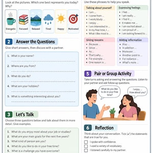 May include: An educational worksheet titled Talk About Yourself with sections for warm-up, questions, conversation prompts, useful language phrases, a pair activity illustration, and a reflection checklist for adult learners to practice speaking skills.