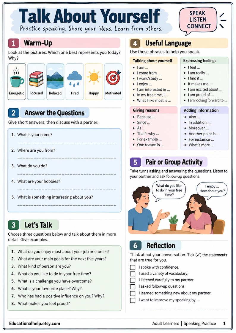 May include: An educational worksheet titled Talk About Yourself with sections for warm-up, questions, conversation prompts, useful language phrases, a pair activity illustration, and a reflection checklist for adult learners to practice speaking skills.