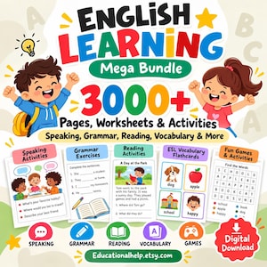 Peut inclure: Un ensemble numérique English Learning Mega Bundle comprenant plus de 3000 pages d'exercices et d'activités. L'image présente deux enfants, des sections pour la grammaire, la lecture, le vocabulaire, les jeux et un lien vers un site web.