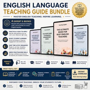 May include: An English Language Teaching Guide Bundle featuring four e-books titled 6050 English Vocabulary Exercises for ESL Teachers, The Everything Classroom Management Book, The Ultimate Book for Busy English Teachers, and The Ultimate Guide to Lesson Planning.