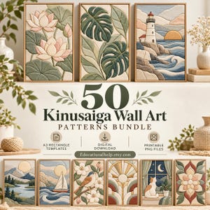 50 Kinusaiga Wall Art Patterns Bundle | A3 Rectangle Templates | Fabric Tucking Art | No-Sew Craft Patterns | Printable PNG Designs