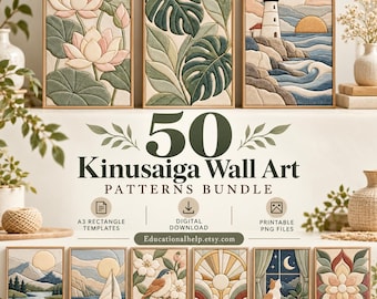 Bundel met 50 Kinusaiga-muurdecoratiepatronen | Rechthoekige A3-sjablonen | Stoffen plooikunst | Naaivrije knutselpatronen | Printbare PNG-ontwerpen