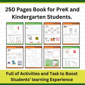 May include: A workbook for PreK and Kindergarten students with 250 pages of activities. The pages include tracing, counting, and coloring exercises. The book's title is displayed at the top, and the bottom of the image reads, "Full of Activities and Task to Boost Students' learning Experience."