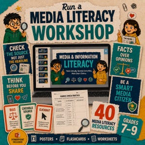 May include: A media literacy workshop educational kit featuring a laptop displaying a presentation, a source check practice worksheet, and various informational cards with text like Check the Source, Facts Over Opinions, and Be a Smart Media Citizen.