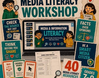 Media Literacy Workshop Bundle, 40 Posters Flashcards Worksheets & PowerPoint, Grades 7–9, Digital Citizenship Activities