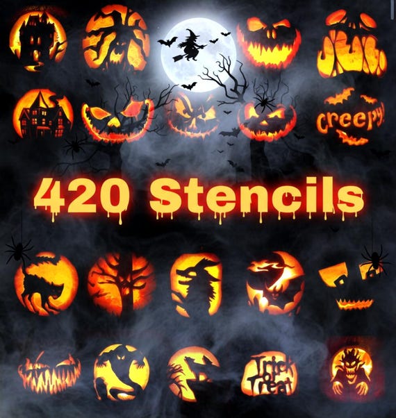 420 Halloween-Kürbis-Schnitzschablonen, gruselige und unheimliche Muster, Kürbis-Designs, Heimdekor, DIY-Bundle-Schablonen (JPG-Dateien auf)