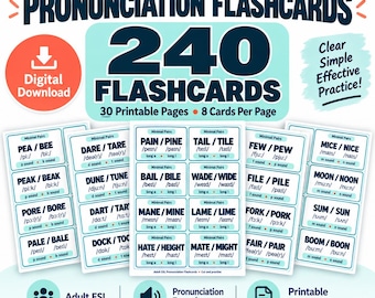 May include: A set of 240 Minimal Pairs Pronunciation Flashcards presented on 30 printable pages with 8 cards per page. The cards feature word pairs with phonetic transcriptions and sound labels. Includes digital download and practice resources.