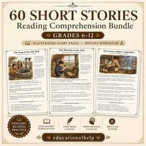 Op de afbeelding: Een 60 Short Stories begrijpend lezen bundel voor groep 8 tot en met de middelbare school, met geïllustreerde verhaalpagina's voor directe download. Het document bevat drie voorbeeldpagina's getiteld The Song of the Old Well, The Window in the Attic en The Lantern Maker's Apprentice, elk met tekst en vragen.