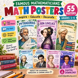 Może przedstawiać: Cyfrowa kolekcja 55 edukacyjnych plakatów matematycznych przedstawiających słynnych matematyków, takich jak Pitagoras, Ada Lovelace i Katherine Johnson. Każdy plakat zawiera portrety, cytaty i wzory matematyczne dla klas 1-6.