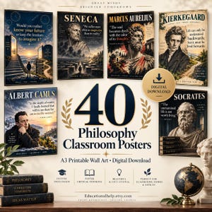 May include: A collection of 40 philosophy classroom posters featuring portraits and quotes from Seneca, Marcus Aurelius, Kierkegaard, Albert Camus, and Socrates. The digital download includes A3 printable wall art with text, a globe, and books.