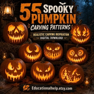 Pode incluir: Uma coleção de oito abóboras esculpidas com rostos e cenas iluminadas, incluindo o texto 55 SPOOKY PUMPKIN CARVING PATTERNS, REALISTIC CARVING INSPIRATION DIGITAL DOWNLOAD e Educationalhelp.etsy.com contra um fundo escuro.