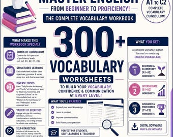 250 page A1-C2 English Vocabulary Workbook – Beginner to Proficiency Language Learning (PDF)