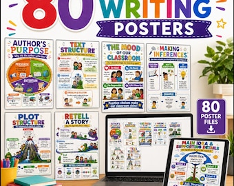 80 Reading Writing Classroom Posters, A3 Printable Literacy Wall Art, Reading Strategies & Writing Skills, Digital Download