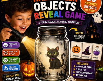 Halloween Flashlight Reveal Game Printable | 80 Hidden Halloween Objects | Spooky Jar Activity for Kids | Classroom & Party PDF