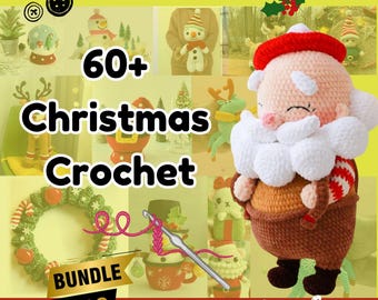 Op de afbeelding: Een collage van kerstgehaakte items, waaronder een kerstmanfiguur, een krans en sneeuwpoppen. De tekst "60+ Christmas Crochet" staat prominent in beeld, samen met "BUNDLE DEALS" en "Crochet". Het kleurenschema is feestelijk, met rood, groen en wit.
