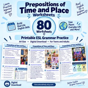Op de afbeelding: Een set van 80 printbare Engelse grammaticawerkbladen getiteld Prepositions of Time and Place. Het lichtblauwe educatieve document bevat oefeningen voor tieners en volwassenen, inclusief invuloefeningen, illustraties en een digitale downloadlink.