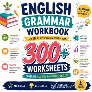 Może przedstawiać: Angielski zeszyt ćwiczeń z gramatyki do klas ESL i nauczania domowego z tekstem 300+ Worksheets. Okładka zawiera ilustracje stosu książek, ołówka, żarówki i papierowego samolotu, z sekcjami dotyczącymi gramatyki, słownictwa oraz czytania ze zrozumieniem.
