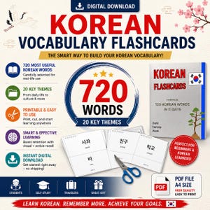 May include: A digital download set of Korean vocabulary flashcards featuring 720 words across 20 themes. The graphic includes a stack of printable cards, a pair of blue scissors, and a cover page with the text Korean Vocabulary Flashcards.