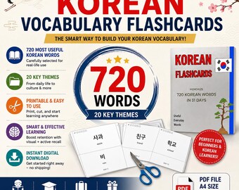 Koreanische Vokabelkarten: 720 wichtige Wörter, 20 Themen (Druckbares Set)