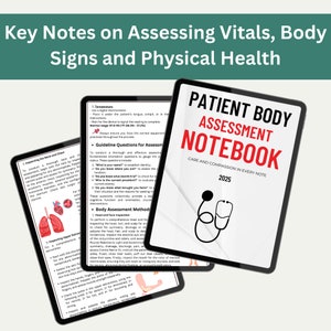 Op de afbeelding: Digitale tablets met medische beoordelingsinformatie. Eén tablet toont een notitieboek met de titel "Patient Body Assessment Notebook 2025" met een stethoscoopafbeelding. Andere tonen medische beoordelingsrichtlijnen en diagrammen.