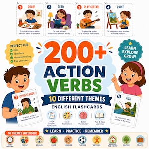 200 englische Verben für Kinder – Arbeitsheft zum Ausdrucken | Vokabelübungen für Englischlernende | Lernen zu Hause | 5–8 Jahre | Sofortiger PDF-Download