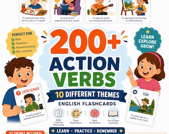 200 English Verbs for Kids Printable Workbook | ESL Vocabulary Activities | Homeschool Learning | Ages 5-8 | Instant Download PDF