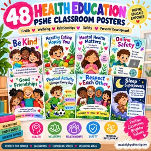May include: A set of 48 health education PSHE classroom posters featuring colourful illustrations of children and educational themes like Be Kind, Healthy Eating, Mental Health, Online Safety, Good Friendships, Physical Activity, Respect, and Sleep.