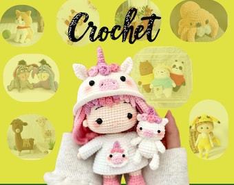 May include: A collection of handmade crochet items, including a doll wearing a unicorn hat, a small unicorn doll, and other animal figures. The word "Crochet" is written in a black script font.