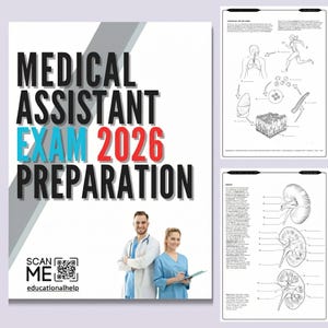 Può includere: Una guida alla preparazione all'esame per assistente medico con il testo "MEDICAL ASSISTANT EXAM 2026 PREPARATION". L'immagine include un codice QR e le parole "SCAN ME" e "educationalhelp". Sono raffigurati due professionisti medici.