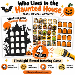 May include: A printable Halloween activity set titled Who Lives in the Haunted House. It includes a black haunted house silhouette, a sheet of colorful character icons, and a sheet of orange windows. A flashlight graphic is shown.