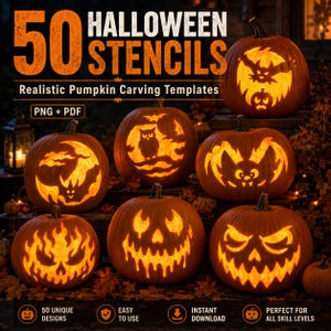 以下が含まれることがあります： 「50 HALLOWEEN STENCILS Realistic Pumpkin Carving Templates PNG + PDF」というテキストが書かれたデジタル画像。その下には、コウモリ、フクロウ、顔などの様々なデザインが彫られ、内側から光を放つ7つのオレンジ色のカボチャが並んでいます。