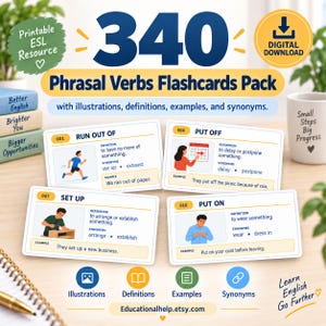 Könnte beinhalten: Ein digitales Download-Paket mit 340 Phrasal-Verb-Lernkarten für den Englischunterricht. Die Karten enthalten Illustrationen, Definitionen, Synonyme und Beispiele für Verben wie run out of, put off, set up und put on auf einer hellen Holzoberfläche.