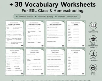 May include: A digital collection of 130 grammar and 30 vocabulary worksheets for ESL class and homeschooling. The set includes eight sample pages featuring exercises on verb tenses, passive voice, synonyms, and antonyms, with icons for download.