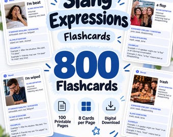 800 Slang Expressions Flashcards Printable PDF | English Slang Vocabulary Cards with Meanings, Synonyms, Examples & Images | ESL EFL