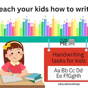 Può includere: Illustrazione di una bambina seduta a una scrivania che scrive su un quaderno. La scrivania ha una pila di libri sopra. Un cartello rosso è appeso sopra la bambina con il testo "Compiti di scrittura per bambini" e le lettere "Aa Bb Cc Dd Ee FfGgHh". Il cartello ha anche il testo "educationalhelp".