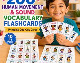 200 Human Movement Vocabulary Flashcards | Human Sounds 10 Printable Pages | Preschool ESL Digital Download