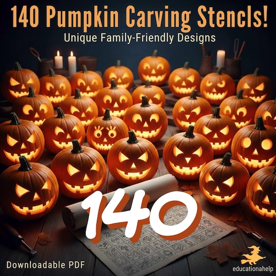 Get ready for a spooktacular Halloween with our 140 Pumpkin Carving Stencils - Unique Family-Friendly! Spooky Patterns  (Digital Download)