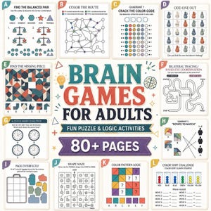 Op de afbeelding: Een boekomslag getiteld Brain Games for Adults met de ondertitel Fun Puzzle & Logic Activities 80+ Pages. De omslag bevat twaalf gelabelde activiteitspanelen, waaronder logische puzzels, doolhoven, kleurpatronen en vorm-matching oefeningen.