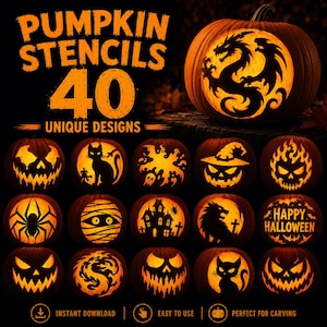 Puede incluir: Una colección digital de 40 plantillas para calabazas con varios diseños de Halloween que incluyen un dragón, gatos, fantasmas, una casa encantada y una araña. El texto dice PUMPKIN STENCILS 40 UNIQUE DESIGNS, INSTANT DOWNLOAD, EASY TO USE, PERFECT FOR CARVING.