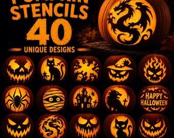 May include: A digital collection of 40 pumpkin stencils featuring various Halloween designs including a dragon, cats, ghosts, a haunted house, and a spider. The text reads PUMPKIN STENCILS 40 UNIQUE DESIGNS, INSTANT DOWNLOAD, EASY TO USE, PERFECT FOR CARVING.