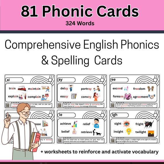 Phonics Flashcards & Worksheets Bundle (81 Cards) | English Spelling and Reading Practice | Literacy Resource
