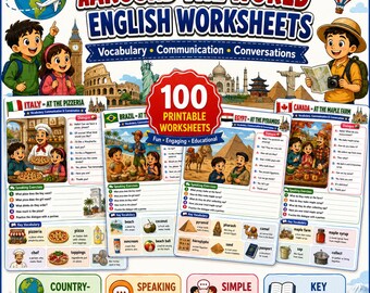 100 Around the World English Worksheets | Country-Themed ESL Speaking, Vocabulary & Conversation Activities | Printable EFL Pack